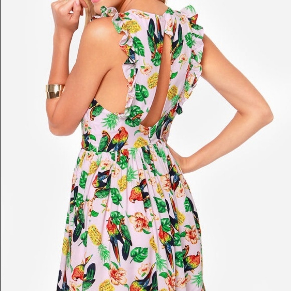 Nameless Tropical Printed Cutout Ruffle Sleeveless Dress